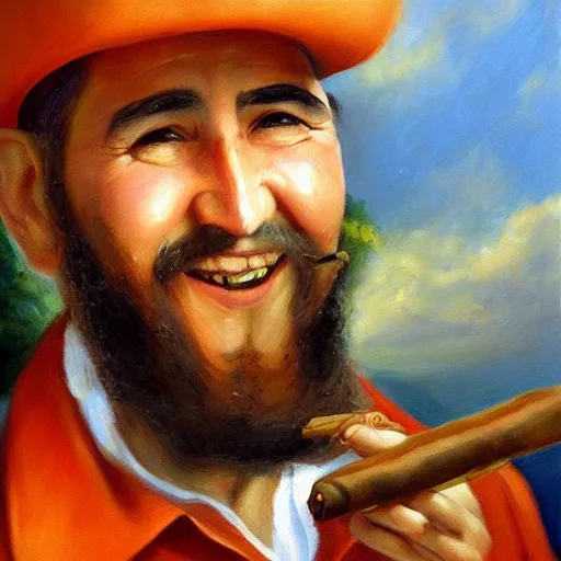 Image similar to oil painted portrait of fidel castro smiling with a cigar - warm colors - cuba - havana - style of sophie anderson - artstation trending