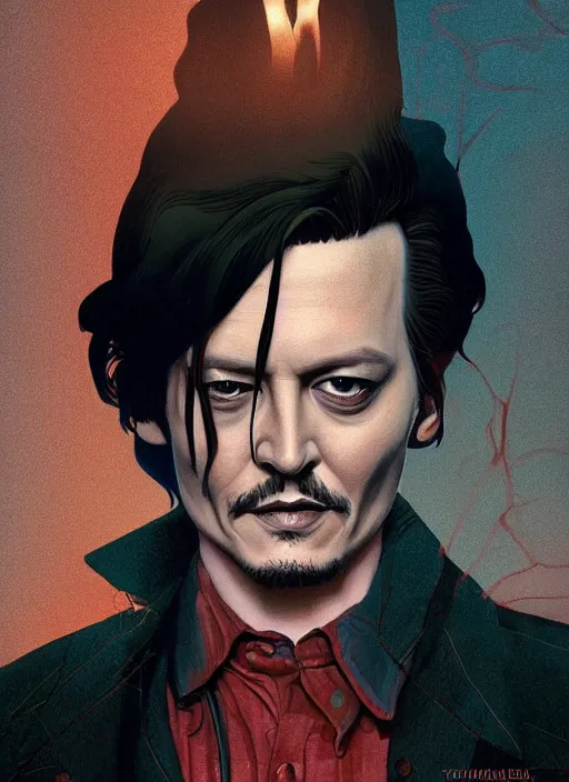 Prompt: Twin Peaks poster artwork by Michael Whelan and Tomer Hanuka, Karol Bak, Rendering of Johnny Depp, from scene from Twin Peaks, clean, full of details, by Makoto Shinkai and thomas kinkade, Matte painting, trending on artstation and unreal engine