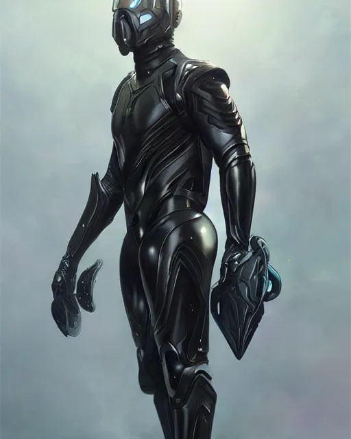 Image similar to iridescent wiry muscular male smooth sleek glossy black pearlescent scifi armor with smooth black featureless visor, by greg rutkowski and mark brookes and jim burns and tom bagshaw and magali villeneuve, trending on artstation