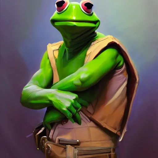 Image similar to greg manchess portrait painting of partially armored kermit the frog as overwatch character, medium shot, asymmetrical, profile picture, organic painting, sunny day, matte painting, bold shapes, hard edges, street art, trending on artstation, by huang guangjian and gil elvgren and sachin teng