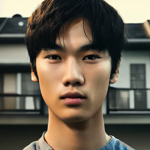 Image similar to young sota fukushi standing in front of his home in san fransokyo, close up portrait photo, hyper detailed, digital art, trending on artstation, cinematic lighting, studio quality, smooth render, unreal engine, octane render, photorealistic, atmospheric