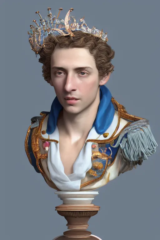 Prompt: a realistic porcelain rococo style bust of handsome young Spanish prince with colored pipecleaners for a crown and suspended in outer space, photorealism, octane render, depth of field, 8k, 35mm, artgem, Trending on artstation