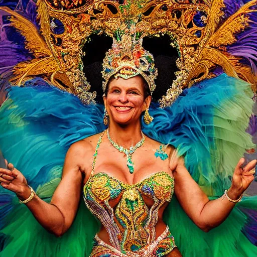 Prompt: full body shot photography of brazilian carnaval queen by annie leibovitz and joe mcnally and richard avedon, perfect facial symmetry, dim volumetric cinematic lighting, 8 k, post - processing, extremely hyper - detailed, intricate, epic composition, masterpiece, stunning,