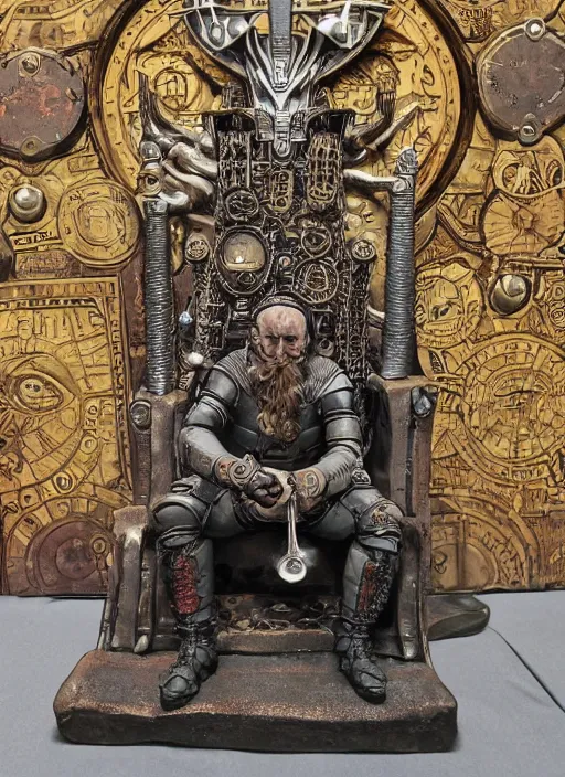 Prompt: steampunk ceramic viking /'holger danske /'sitting on his throne, great hall, architecture designed by h. r. giger, painted by moebius and jean - michel charlier, colorful, extremely detailed faces, intricate linework, smooth, super sharp focus, colorful, high contrast, matte