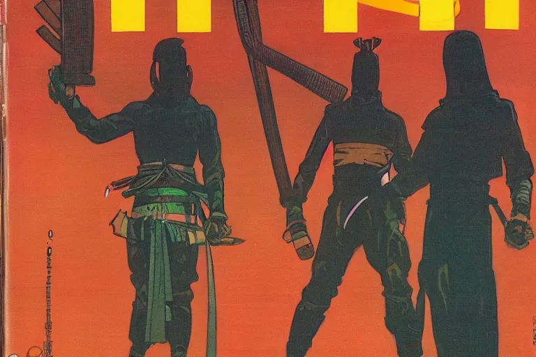 Image similar to 1979 OMNI Magazine Cover of a samurai western. in cyberpunk style by Vincent Di Fate