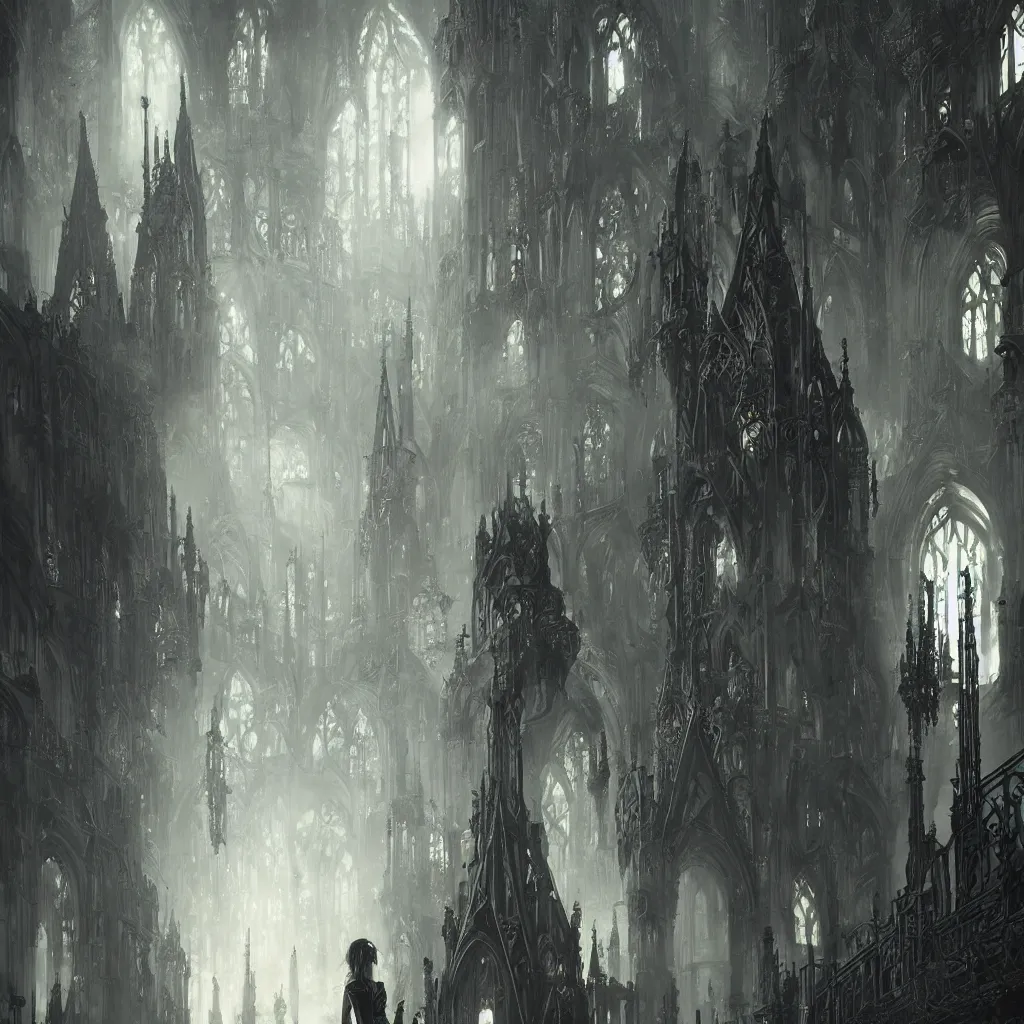 Image similar to fashionable gothic domme, latex, cyberpunk cathedral, spikes by greg rutkowski, by yoshitaka amano, super - detail