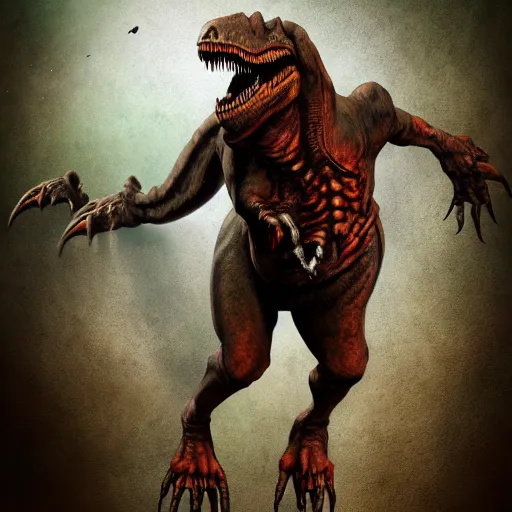 Image similar to an illustration of the full body of a zombie anthromorphic t-rex, matte painting, digital art, fantasy art-C 18.0