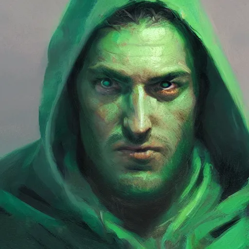 Image similar to portrait of a chad programmer with green hood by greg rutkowski, close up, dramatic lighting