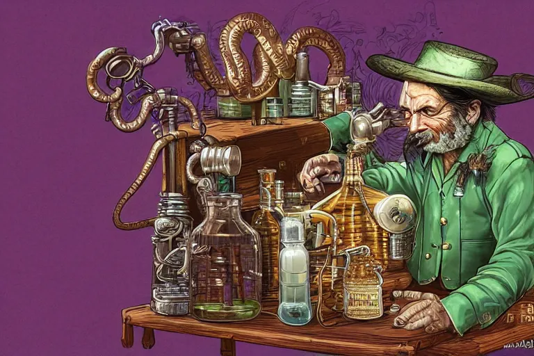 Image similar to Uncle Aloysius, snake oil salesman, wild west crypto pharmaceutical industrialist apothecary alchemist tinkerer engineer, cute, fantasy, intricate, elegant, highly detailed, digital painting, 4k, HDR, concept art, smooth, sharp focus, illustration, purple green color scheme, art by Ed Roth and H R Giger and Greg Rutowski