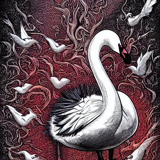 Image similar to evil swan, gritty horror illustration, highly detailed and disturbing