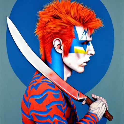 Prompt: Ziggy Stardust holding a Bowie knife, james jean