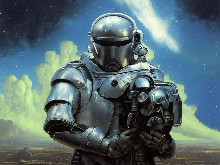 Image similar to a detailed profile oil painting of a lone shock trooper in a space armour with reflective helmet, cinematic sci-fi poster. technology flight suit, bounty hunter portrait symmetrical and science fiction theme with lightning, aurora lighting clouds and stars by beksinski carl spitzweg and tuomas korpi. baroque elements, full-length view. baroque element. intricate artwork by caravaggio. Trending on artstation. 8k