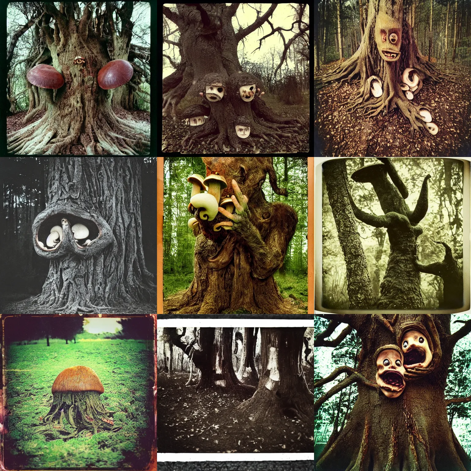 Prompt: a terrifying tree monster swallowing mushrooms, distorted faces made of bark, critical moment, liminal, lovecraftian horror, pans labyrinth, shot on expired instamatic film