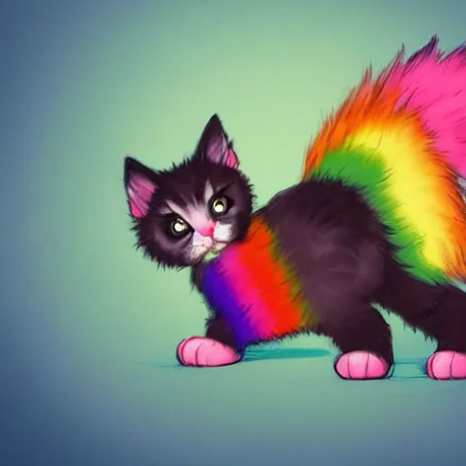 Image similar to wide angle full body, of a fluffy cute rainbow kitten wearing a black motorcycle jacket, concept art