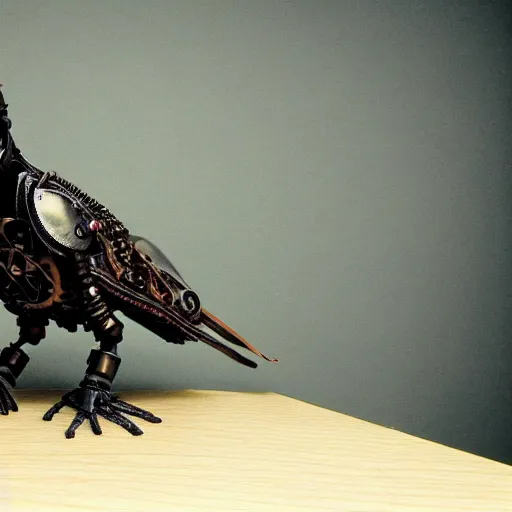 Prompt: a steampunk robotic crow, dark background, super - detailed, photo - realistic,