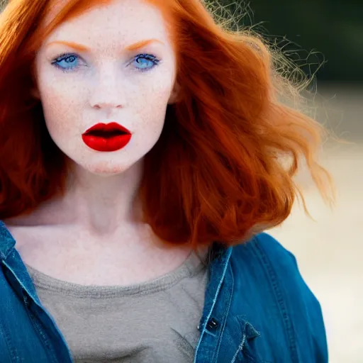 Prompt: close up portrait photo of the left side of the face of a redhead woman with blue eyes and big black round pupils and red lips who looks directly at the camera. Slightly open mouth, face covers half of the frame, with a park visible in the background. 135mm nikon. Intricate. Very detailed 8k. Sharp. Cinematic post-processing. Award winning photography