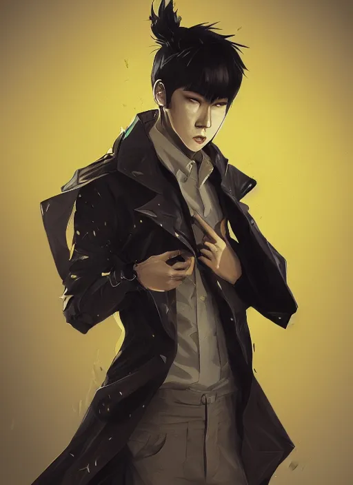 Image similar to a highly detailed illustration of young attractive japanese guy wearing black detective coat, yellow eyes, dramatic standing pose, hyperdetailed perfect face, perfect eyes, intricate, elegant, highly detailed, centered, digital painting, artstation, concept art, smooth, sharp focus, league of legends concept art, wlop.