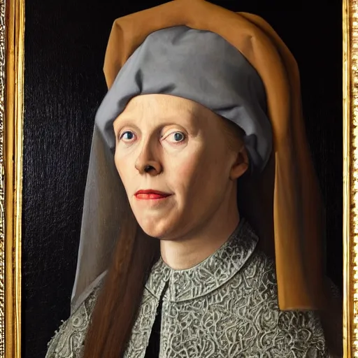 Prompt: president simone giertz, simone giertz presidential portrait, oval office painting. official portrait, painting by jan van eyck. oil on canvas, wet - on - wet technique, underpainting, grisaille, realistic. restored face.