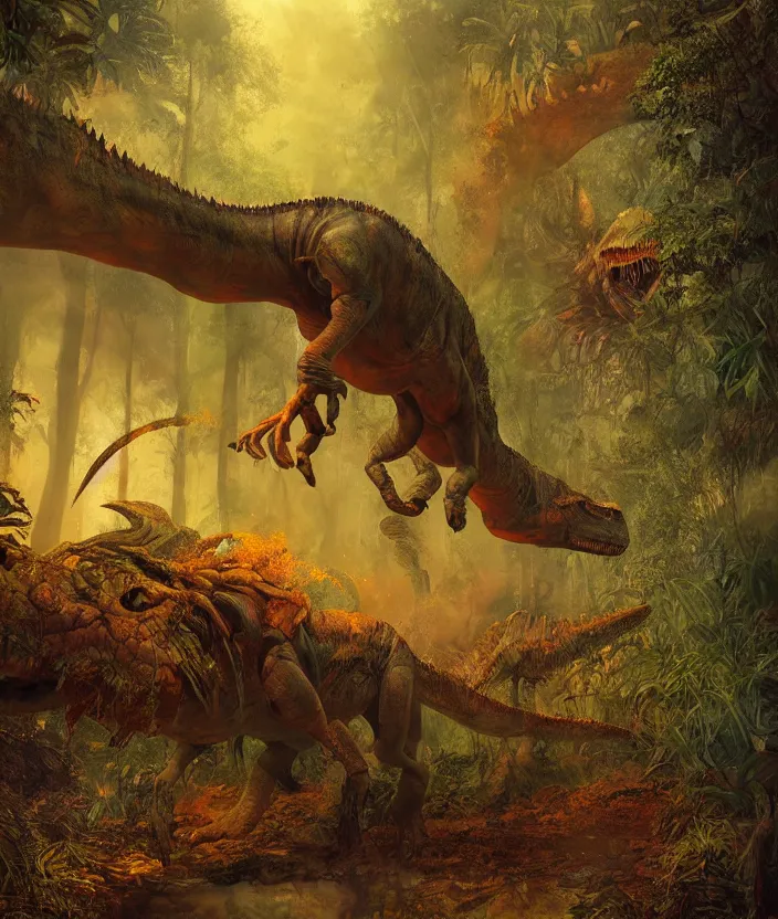 Prompt: dinosaur stalking in the jungle, mysterious, fantasy artwork, godrays, warm colors, by seb mckinnon