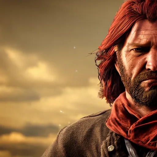 Image similar to a portrait of red!! long!! haired!! angry!! man!! as a red dead redemption 2 character shot from red dead redemption 2, ray tracing x, wet reflections, unreal engine 5, intricate details, fantasy, hyper realism, humongous view, smooth, cinematic