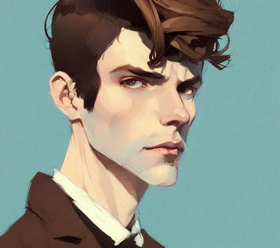 Prompt: portrait victorian man with brown hair, by atey ghailan, by greg rutkowski, by greg tocchini, by james gilleard, by joe fenton, by kaethe butcher, by ashley wood, dynamic lighting, gradient light blue, brown, blonde cream and white color scheme, grunge aesthetic