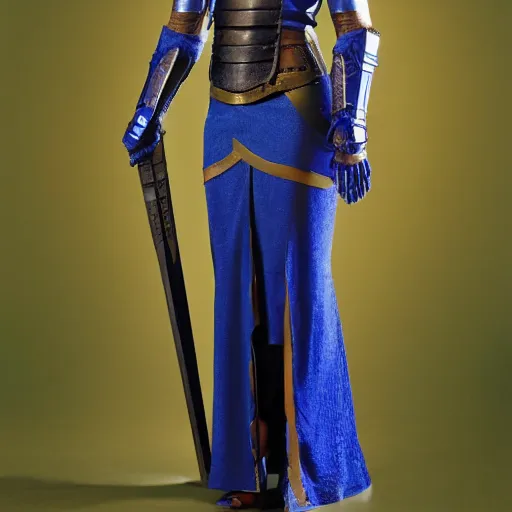 Image similar to full body photo of a female warrior wearing lapis lazuli armor