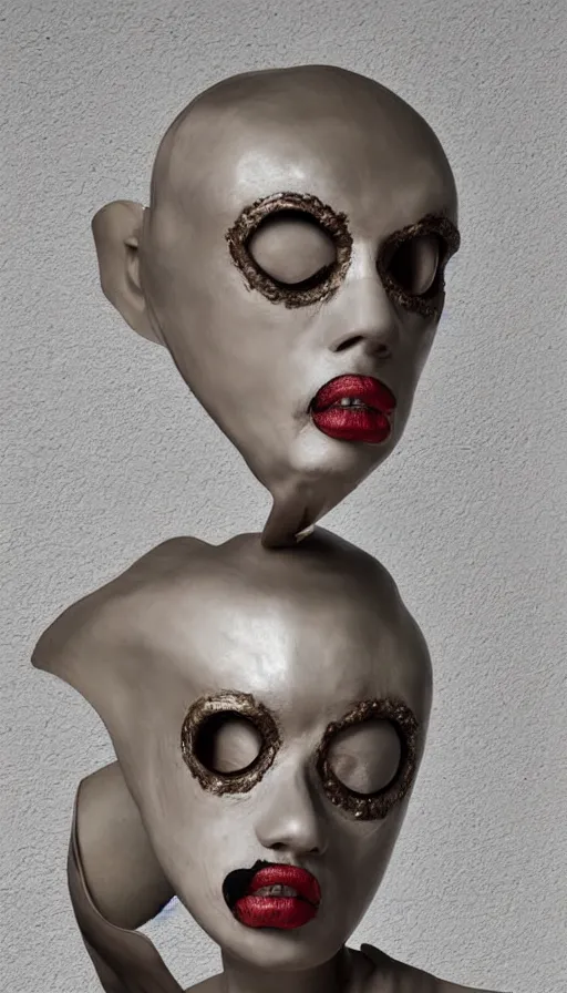 Image similar to a woman with a plastic mask on her face, a surrealist sculpture by alexander mcqueen, trending on pinterest, plasticien, biomorphic, made of plastic