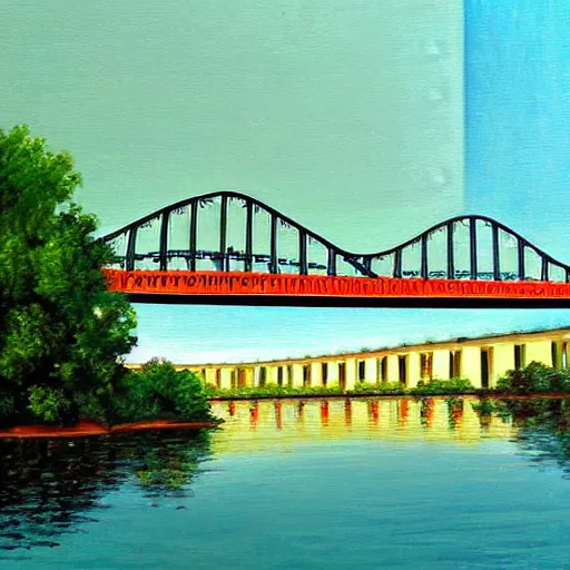 Prompt: chattanooga tennessee pic of walnut street bridge painting in style of herb ryman