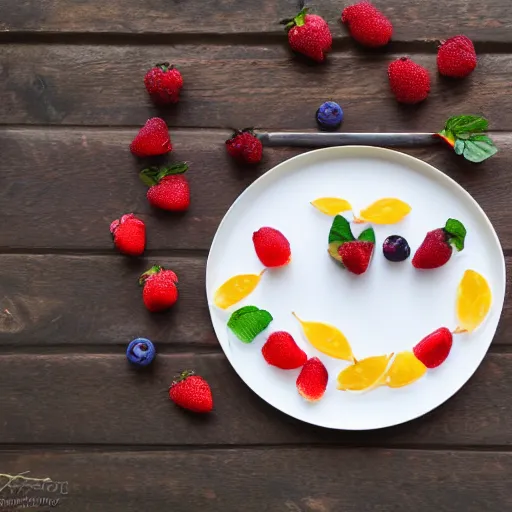 Image similar to beautiful photo of a rowing boat made from fruit pieces on a white plate, dslr