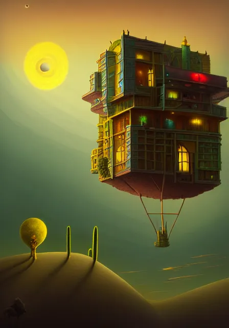 Image similar to a single building flying above a desert oasis in a moonlit night in the style of peter mohrbacher and jacek yerka, detailed, 8 k