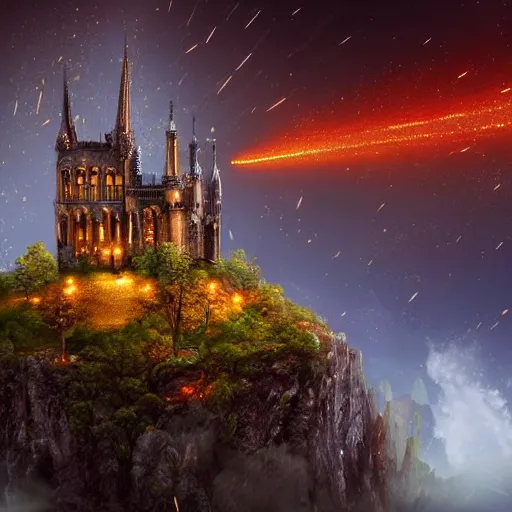 Image similar to sprawling view of gothic city under meteor rain, fantasy