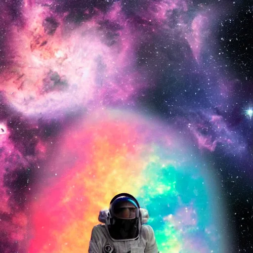 Image similar to modern double exposure monochrome spacesuit over a brilliant iridescent nebula. orange, pink, purple color ombre.