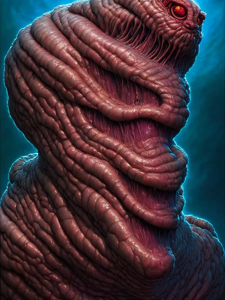 Image similar to hyperrealistic rendering, fat smooth cronenberg flesh monster d & d displacer beast face by donato giancola and greg rutkowski and wayne barlow and zdzisław beksinski, eyeballs, lightning, magic runes, product photography, action figure, sofubi, studio lighting, colored gels, colored background