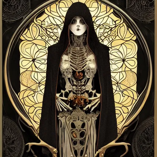 Image similar to a skeleton in a black cloak, highly detailed, very intricate, art nouveau, gold filigree, left right symmetry, tarot concept art watercolor illustration by mandy jurgens and alphonse mucha and alena aenami, featured on artstation