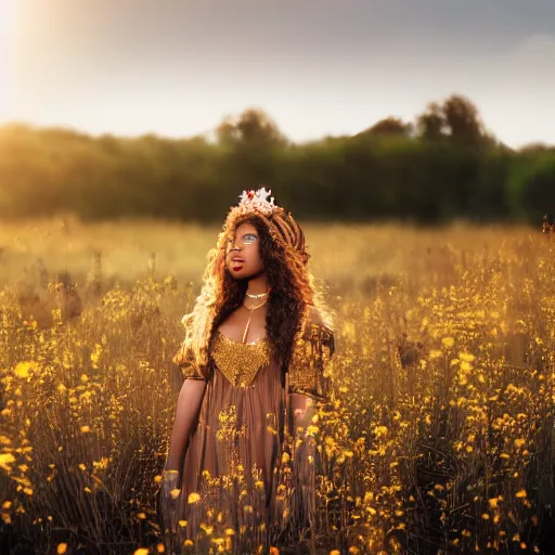 Image similar to brown skin goddess, with gold crown,curly light brown hair gold fairytale dress , standing in a field of flowers, sunset, realistic, 4k,