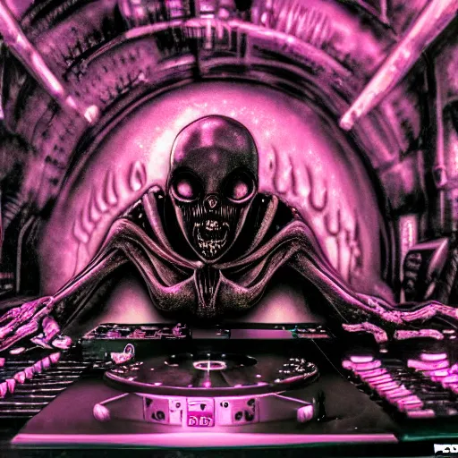 Image similar to an alien djing in a hardcore rave in the style of Giger. 35mm photo realistic