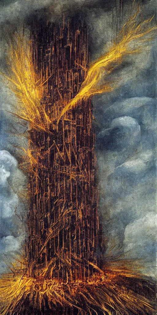 Image similar to a painting of a tower being struck by lightning in the style of remedios varo