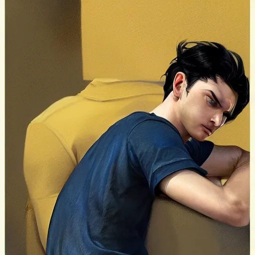 Image similar to ultra realistic illustration, a young man with black hair, in a yellow t - shirt, with blue eyes, highly detailed, digital painting, artstation, concept art, smooth, sharp focus, illustration, art by artgerm and greg rutkowski and alphonse mucha