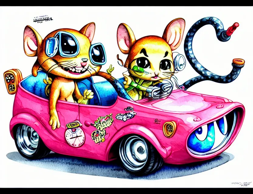 Image similar to cute and funny, margay riding in a tiny hot rod with engine, ratfink style by ed roth, centered award winning watercolor pen illustration, isometric illustration by chihiro iwasaki, edited by range murata, tiny details by artgerm and watercolor girl, symmetrically isometrically centered