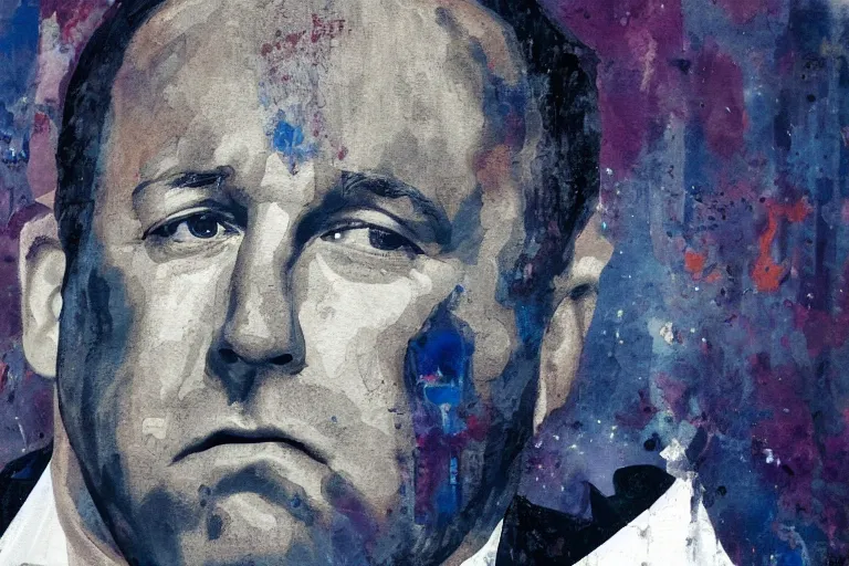 Prompt: abstract painting of alex jones looking worried as his life collapses into the lovecraftian void around him