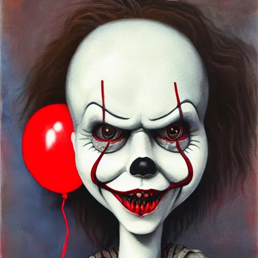 Image similar to grunge painting of yourself with a wide smile and a red balloon by chris leib, loony toons style, pennywise style, corpse bride style, horror theme, detailed, elegant, intricate