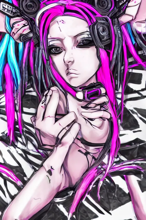 Image similar to portrait of an cybergoth girl with pink and black dreads laying on the floor of her room on ipad, manga, manga art, manga character concept art, vaporwave colors, lo - fi colors, vaporwave, lo - fi, moody vibe, goth vibe, 4 k, hd,