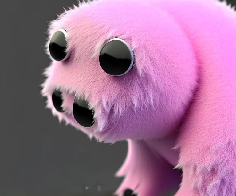 Prompt: high quality 3 d render hyperrealistic very cute small tardigrade, plush mascot, short spiky dense fluffy smooth hair, photo from the side, pink fluffy fur, 1 5 0 mm, beautiful natural soft light, rim light, vray, smooth background, artstation, ultra detailed