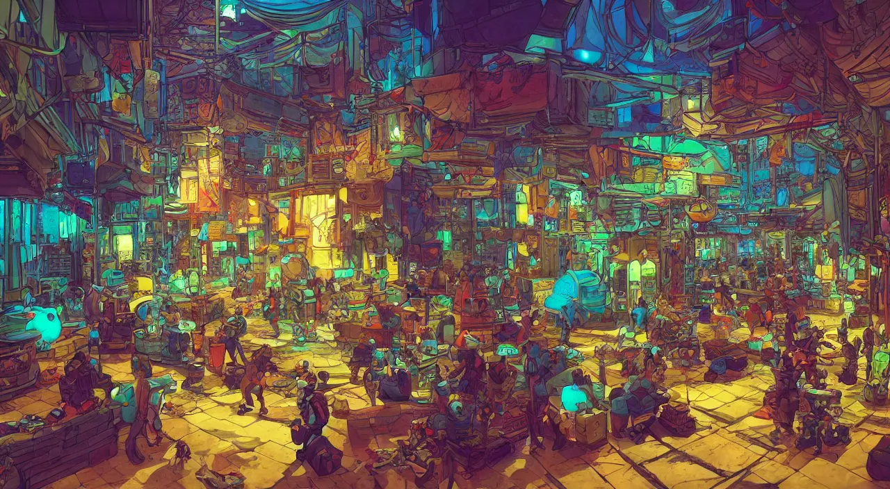 Image similar to bazaar zouk oriantal full color sky shine place mosquet painting stylized digital illustration video game icon global illumination ray tracing that looks like it is from borderlands and by feng zhu and loish and laurie greasley, victo ngai, andreas rocha, john harris