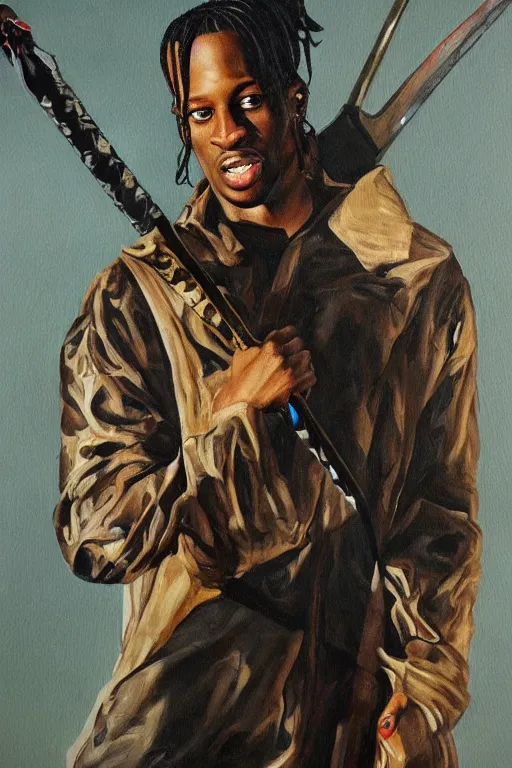 Image similar to travis scott holding a sword, painting