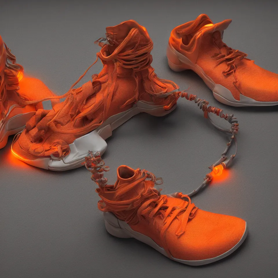 Prompt: realistic 8 k sculpture of a cyberpunk sneaker with neon illuminated rubber soles and soft orange shoelaces, sitting on a textured grey surface, clean 3 d render, beautiful studio lighting, soft, sharp focus, cyberpunk, intricate detail, gold and red accents, soft rubber, octane render, trending on artstation, deviantart, art by hiroshi fujiwara