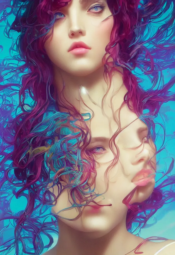 Image similar to beautiful, young woman, detailed gorgeous face, vaporwave aesthetic, synthwave, colorful, psychedelic, broken beaten, sadness, crying, artstation, concept art, smooth, extremely sharp detail, finely tuned detail, ultra high definition, 8 k, unreal engine 5, ultra sharp focus, illustration, art by artgerm and greg rutkowski and alphonse mucha