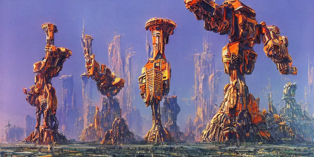 Prompt: landscape of an alien world, futuristic twisted towers, giant mecha robots on guard. by bruce pennington, by james ng. vibrant colors