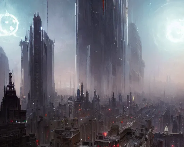 Image similar to great city being watched over by an all-seeing malevolent AI, a sci-fi digital painting by Greg Rutkowski and James Gurney, trending on Artstation, eerily beautiful, highly detailed