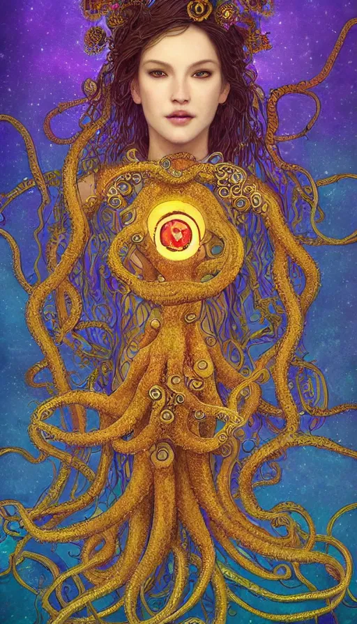 Prompt: tarot card, intricate octopus beautiful female goddess, field various angles by ross tran, water, tentacles, golden ratio, vivid colors, trending on ArtStation, cgsociety gustav klimt frame, bokeh